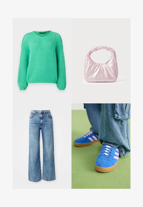 Suéter de punto grueso en verde menta, con escote en V, mangas largas y una textura suave. Cuenta con un corte relajado y puños de canalé.; Jeans de mezclilla anchos de color azul claro con cintura alta, que cuentan con cinco bolsillos, cierre de botón en la parte superior y costuras en contraste a lo largo de las costuras.; Zapatos de gamuza azul con rayas rosas y cordones blancos, con una suela de goma, combinados con pantalones denim holgados sobre una superficie verde.; Bolso de mano acolchado en color rosa con un diseño redondeado, fabricado en material brillante. Presenta un asa fruncida y un cierre de cremallera para un acceso seguro.