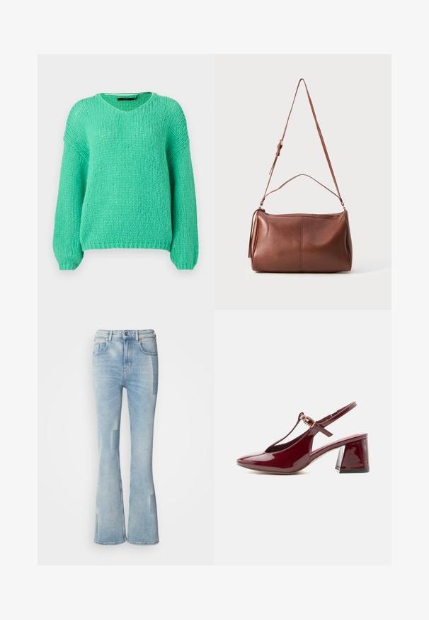 Mündroheline, paksust kootud sviiter V-kaelusega, pikkade varrukatega ja pehme tekstuuriga. Omab lõdva lõikega ja soonikvarrukaid.; Scotch & Soda THE GLOW - Bootcut-teksad - art from the heart; Läikiv burgundia värvi naiste slingback-tald king kontsaga, terava varbaosaga ja T-rihmaga, millel on kuldne pandlaga kinnis.; Pruun nahast õlakott pehme tekstuuriga, ümara kujuga, ühe reguleeritava rihma ja külje peal asuva tuti detailiga.