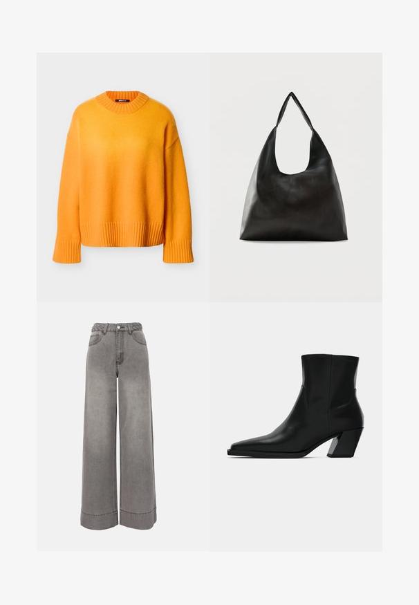 Pull oversize orange avec un col et des poignets côtelés, présentant une texture douce et une coupe décontractée, des coutures minimales et un ourlet droit.; Pantalon large en jean gris taille haute avec ceinture tressée, poches avant, fermeture à boutons et ourlets retroussés.; Bottine en cuir noir avec un bout pointu, une silhouette élégante et un talon carré massif. Texture lisse avec des détails de couture minimalistes.; Sac bandoulière en cuir noir lisse avec une large sangle unique et un design décontracté et minimaliste sur un fond uni.