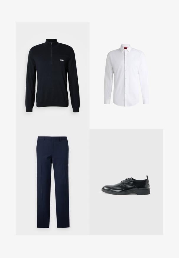 Marineblå sweater med høj krave og halv lynlås. Materialet er blødt med en struktureret overflade. Har et lille hvidt "BOSS" logo på brystet.; Hvid skjorte med knapper lavet af glat stof med klassisk krave, lange ærmer og rundet kant. Har beige knapper foran.; Marineblå bukser med skræddersyet pasform, der har en glat tekstur, skarpe pressefolder og en flad frontdesign. Skjult lynlåslukning.; Blank sort læder dresssko med lav hæl, snørelukning og rund tå, vist fra siden på ensfarvet lys baggrund.