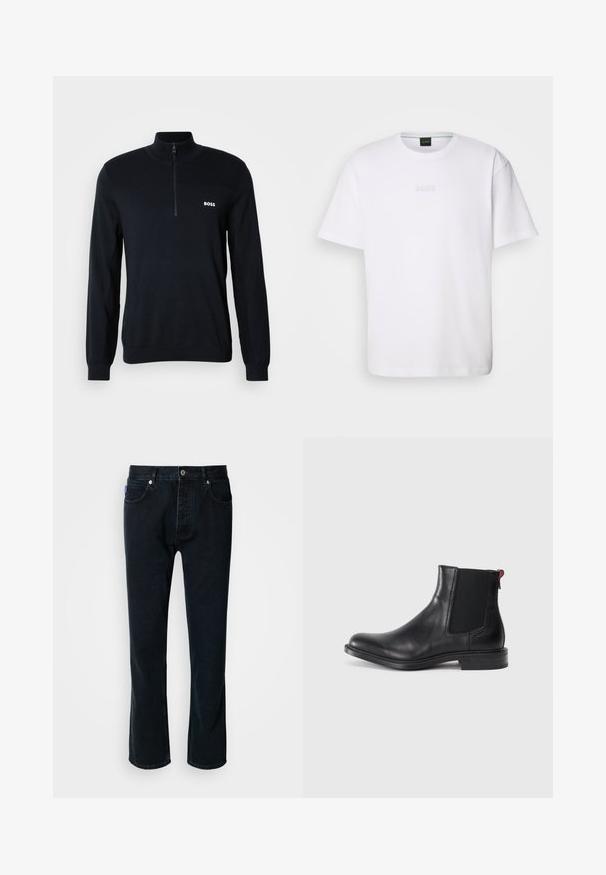 Marineblå sweater med høj krave og halv lynlås. Materialet er blødt med en struktureret overflade. Har et lille hvidt "BOSS" logo på brystet.; Hvid bomulds T-shirt med korte ærmer, rund halsudskæring og præget "BOSS" logo på brystet. Glat tekstur, standard pasform.; HUGO JONAH - Jeans Straight Leg - dark blue; Sort læder Chelsea-støvle med elastiske sidepaneler, afrundet tå og lav, stablet hæl. Har en rød løftestrop og subtil branding på siden.