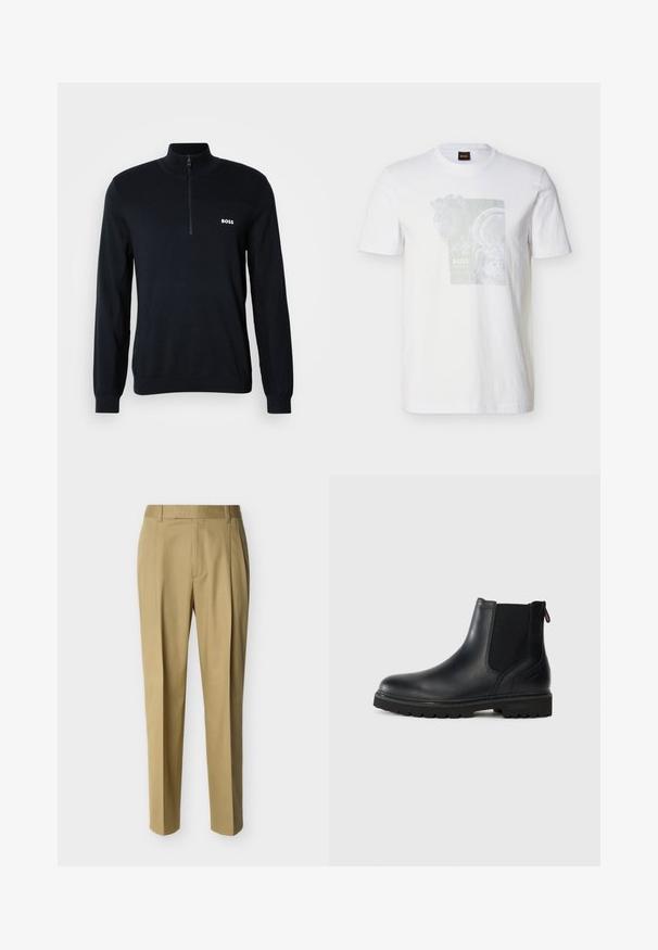 Marineblå sweater med høj krave og halv lynlås. Materialet er blødt med en struktureret overflade. Har et lille hvidt "BOSS" logo på brystet.; Hvid T-shirt med korte ærmer og rund hals, med et lyst, abstrakt åreringsprint og lille "BOSS"-tekst på brystet.; Beige skræddersyede bukser med bæltestropper og frontlæg, vist mod en ensartet lys baggrund.; Sorte læder ankelstøvler med elastiske sidepaneler, rund tå og en robust gummisål med dybe riller for bedre greb.