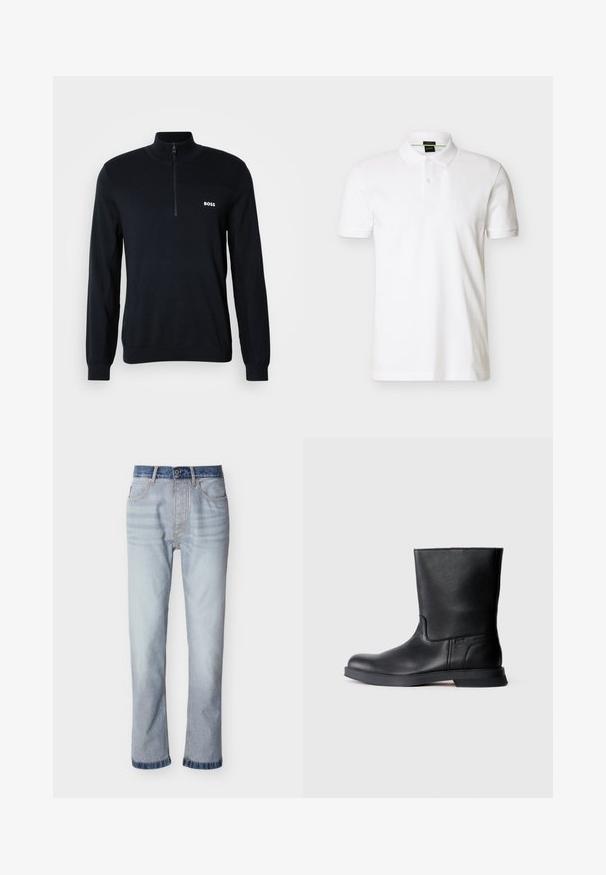 Marineblauer Pullover mit hohem Kragen und halbem Reißverschluss. Das Material ist weich und hat eine strukturierte Oberfläche. Auf der Brust befindet sich ein kleines weißes "BOSS"-Logo.; Weißes, kurzärmeliges Poloshirt mit zwei Knöpfen am Ausschnitt, geripptem Kragen und Ärmelbündchen, dezentem Logo auf der Brust, vor einem einfarbigen Hintergrund präsentiert.; Hellblaue Jeans aus Denim mit einem dunkelblauen Bund, geradem Beinverlauf, fünf Taschen und sichtbaren Nahtdetails.; Schwarze Leder-Ankle-Boots mit strukturierter Oberfläche, runder Zehenform und flacher Gummisohle. Einfaches Design ohne sichtbare Beschläge oder Verzierung.