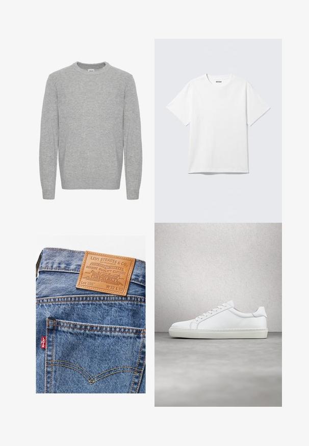 Lysegrå strikket sweater med rund hals og lange ærmer, med ribbet manchetter og kant, frontvendt på hvid baggrund.; Hvid kortærmet crewneck T-shirt lagt fladt ud, ensfarvet design, med "WEEKDAY" mærkat inde i kraven på en lys baggrund.; Denimjeans med en lys blå vask, med en brun læderlap bagpå, orange syninger og et rødt logomærke på venstre lomme.; Hvide sneakers med en glat læderoverdel og lav profil. Har en rund tå, seks snørehuller og en tekstureret gummisål.