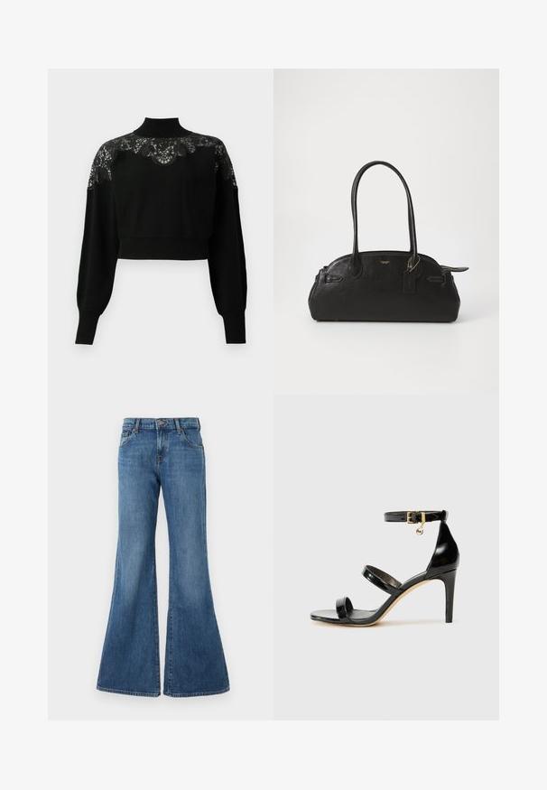 Suéter negro corto con cuello alto, con detalles de encaje en los hombros y mangas largas. Tejido de punto suave.; Jeans de denim acampanados en un lavado azul medio con un diseño clásico de cinco bolsillos, pasadores para cinturón y cierre de botón. Textura suave con un leve desvanecimiento.; Sandalia de charol negro con tres correas, hebilla en el tobillo y tacón de aguja de 10 cm. Presenta detalles de hardware en oro y un charm con el logo.; Bolso de cuero negro con forma redondeada, dos asas largas, herrajes dorados y una pequeña etiqueta adjunta. Cierre superior con cremallera.