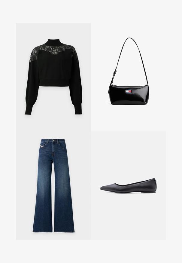 Pull court noir avec col montant, doté de détails en dentelle sur les épaules et de manches longues. Étoffe en tricot doux.; Jeans taille haute, bleu foncé, à jambe large, avec poches avant et à pièce, fermeture à bouton et détails de décoloration subtile sur les cuisses.; Chaussure plate en cuir noire à bout pointu avec petit talon, vue de profil sur fond blanc.; Sac à épaule en cuir verni noir avec une bandoulière incurvée, fermeture éclair et un patch rectangulaire avec un logo en rouge, blanc et bleu.