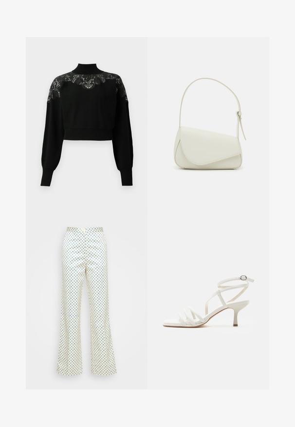 Zwarte cropped trui met hoge hals, voorzien van kantdetails over de schouders en lange mouwen. Zacht breiwerk.; Stella Nova LIVI - Broek - beige; Witte dames sandaal met smalle hakken, drie voorste bandjes en een enkelbandje met een zilveren gesp.; Witte nepleren handtas met een gestructureerde driehoekige vorm, een enkele verstelbare schouderriem en een klep met ronde accenten.