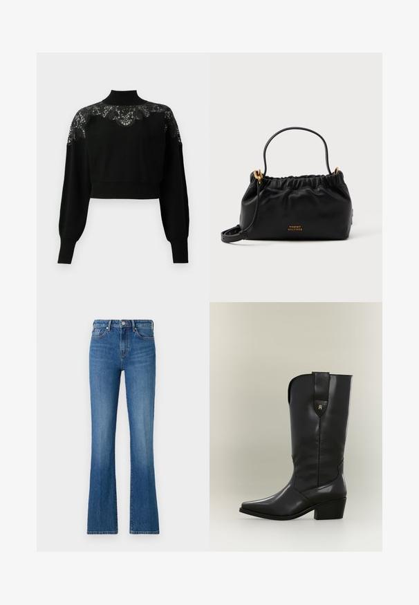 Pull court noir avec col montant, doté de détails en dentelle sur les épaules et de manches longues. Étoffe en tricot doux.; Jean flare bleu en denim, avec une taille haute, fermeture à bouton à l'avant et un design classique à cinq poches avec des détails de décoloration subtils.; Botte de cow-boy haute en cuir noir avec bout pointu, talon épais et languette avec un petit logo doré.; Sac à main en cuir noir avec un haut froncé, une courte poignée et une bandoulière amovible. Présente un accent logo en or et une texture lisse.