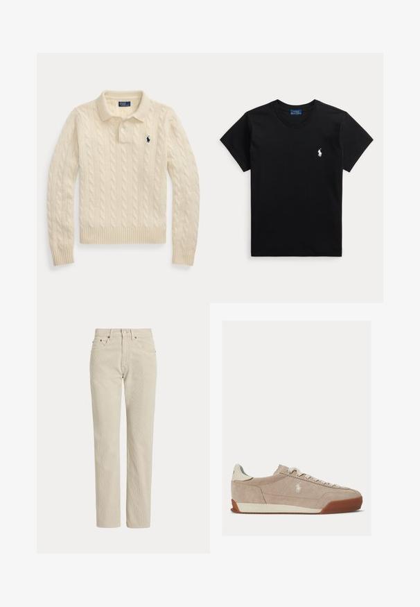 Cremefarbener, kabelgestrickter Langarm-Polopullover mit gerippten Bündchen und Saum, mit einem dunkelblau bestickten Logo auf der Brust.; Schwarzes Kurzarm-T-Shirt mit Rundhalsausschnitt und kleinem weißen Polo-Spieler-Logo auf der linken Brust sowie blauem Etikett innen im Kragen.; Beige Cordhose mit geradem Bein, Gürtelschlaufen, Vorderknopf, Reißverschluss und Fronttaschen.; Beiger Wildleder-Low-Top-Sneaker mit weißen Schnürsenkeln, weißem Logo an der Seite und brauner Gummisohle.