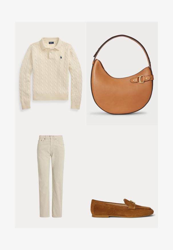 Creme farvet kabelstrikket polo sweater med lange ærmer, ribstrikkede manchetter og kant, med en mørkeblå broderet logo på brystet.; Beige, lige-benede fløjlsbukser med bæltestropper, frontknap, lynlås og frontlommer.; Brun ruskind flad loafer med guldfarvet metallås-detalje på toppen og lav hælsål.; Brun læder hobo taske med en buet form, justerbar rem og guld hardware detaljer. Har en glat, mat tekstur.