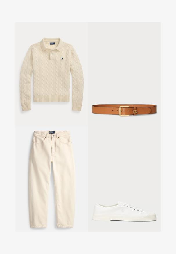 Creme farvet kabelstrikket polo sweater med lange ærmer, ribstrikkede manchetter og kant, med en mørkeblå broderet logo på brystet.; Jeans i cremefarve lavet af denim med lige ben, forlommer og detaljer med overlock-syning. Lukning med metalknap og lynlås.; Hvide lærredssneakers med rund tå, snørelukning og diskret logo-detalje. Har en tekstureret overflade og gummisål.; Brun læderbælte med en guld rektangulær spænde og et præget "RL" emblem på remmen. Glat tekstur med jævnt fordelt huller.