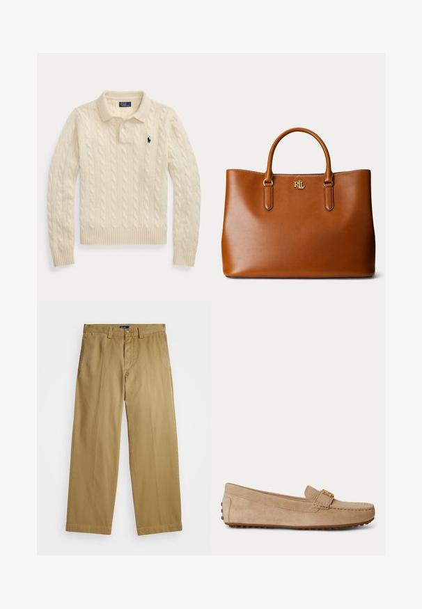 Cremefarbener, kabelgestrickter Langarm-Polopullover mit gerippten Bündchen und Saum, mit einem dunkelblau bestickten Logo auf der Brust.; Polo Ralph Lauren COTTON CHINO STRAIGHT LEG TROUSER - Chino - khaki; Beiger Wildleder-Slipper mit abgenähten Details, einer goldfarbenen Metallschnalle oben und einer Gummisohle mit Gripnoppen.; Braune Ledertragetasche mit abgerundeten Griffen und einem kleinen goldenen RLL-Logo, das nahe der oberen Vorderseite zentriert ist.