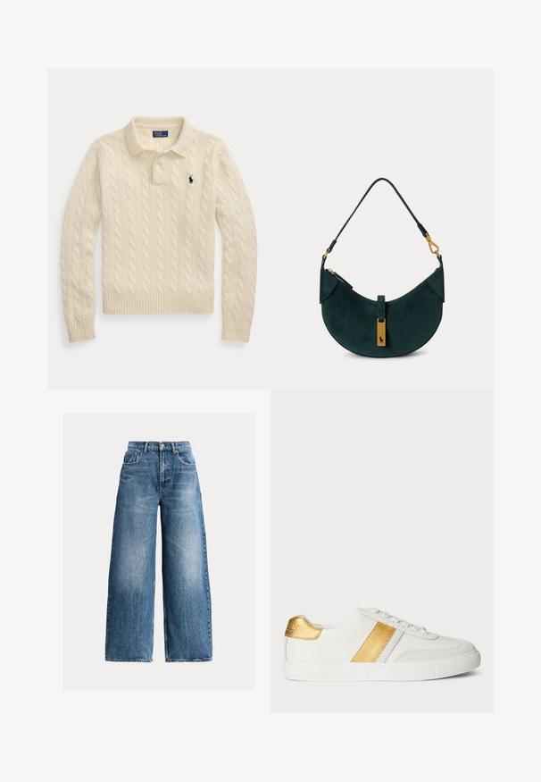 Crèmekleurige kabelgebreide polo trui met lange mouwen, geribde boorden en zoom, met een marineblauw geborduurd logo op de borst.; Blauwe jeans met wijde pijpen, vijf zakken, knoopsluiting en vervaagde details aan de voorkant en op de dijen.; Witte sneakers van synthetisch materiaal, voorzien van een metallic gouden streep en hakaccent, met een gestructureerde rubberen zool.; Donkergroene suède schoudertas met een gebogen vorm, goudkleurige hardware en een korte riem met gespdetails.