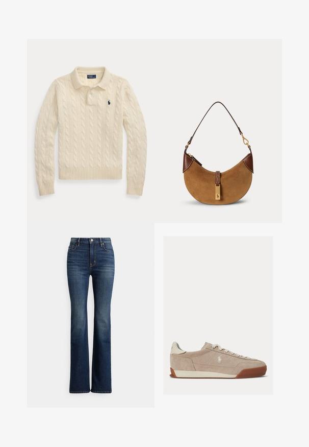 Cremefarbener, kabelgestrickter Langarm-Polopullover mit gerippten Bündchen und Saum, mit einem dunkelblau bestickten Logo auf der Brust.; Dunkelblaue Jeans mit hoher Taille und Bootcut-Schnitt, vorne mit Knöpfen und Taschen, leichte Verfärbungen an Oberschenkeln und Kniebereichen, auf weißem Hintergrund präsentiert.; Beiger Wildleder-Low-Top-Sneaker mit weißen Schnürsenkeln, weißem Logo an der Seite und brauner Gummisohle.; Braune Wildleder-Halbmonden-Handtasche mit dunkelbraunen Lederakzenten, goldfarbenen Beschlägen und kurzem Schulterriemen.