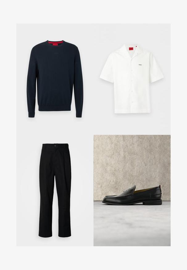 Pull ras du cou bleu marine en tissu doux. Comprend des manches longues, des poignets côtelés, et un petit logo embossé sur le devant.; Chemise blanche à manches courtes avec col ouvert, petit logo "HUGO" sur la poitrine et étiquette de marque rouge à l'intérieur du col.; Pantalons noirs à jambes droites avec une taille à bouton, passants de ceinture et pli avant, présentés sur un fond blanc uni.; Mocassin pour homme en cuir noir avec un dessus embossé effet croco et un petit talon, présenté de profil sur un fond neutre.