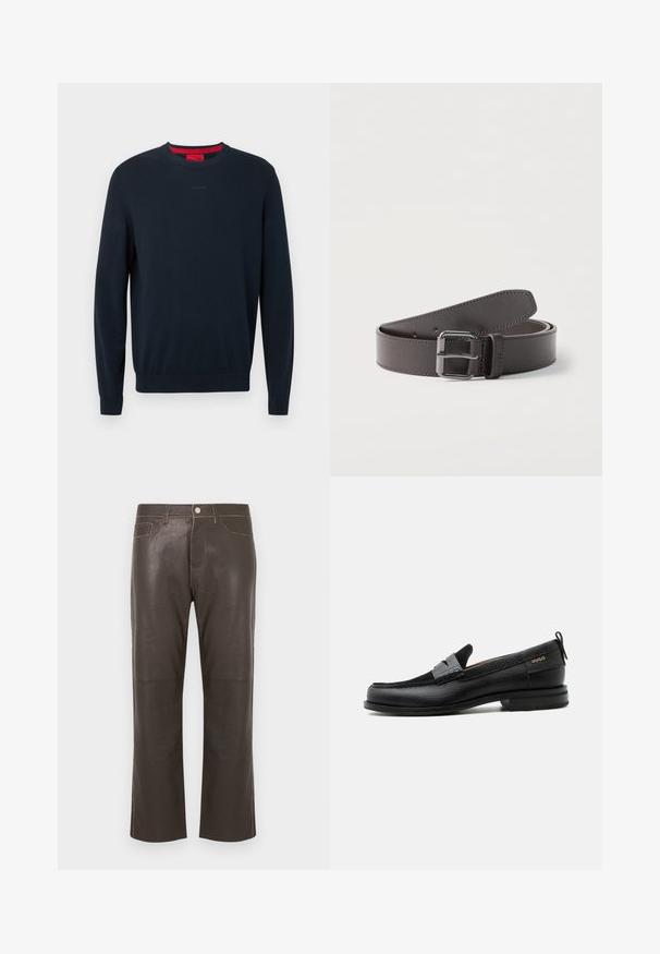 Pull ras du cou bleu marine en tissu doux. Comprend des manches longues, des poignets côtelés, et un petit logo embossé sur le devant.; Pantalon droit en cuir marron foncé avec bouton frontal, fermeture éclair, passants pour ceinture et détails de couture contrastants.; Mocassin en cuir noir avec détail de bride grise, talon bas et semelle texturée, marqué "HUGO" en or sur le côté.; Ceinture en cuir brun foncé roulée avec une boucle métallique carrée et des coutures visibles le long des bords.