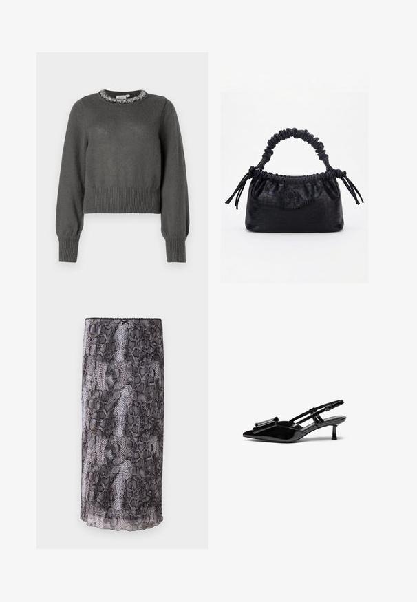 Pull en maille gris foncé avec des manches longues et un détail décoratif en perles au niveau de l'encolure.; Jupe crayon en imprimé serpent noir et gris avec un tissu transparent et texturé. Comprend un ourlet en forme de vagues et des détails au niveau du bord supérieur.; Talons aiguilles en cuir verni noir avec un bout pointu, un détail en nœud à l'avant et un petit talon stiletto. Les brides sont équipées de boucles ajustables.; Sac à main noir avec texture crocodile, bord supérieur froncé, poignée plissée et pompons à cordon de chaque côté sur fond blanc.