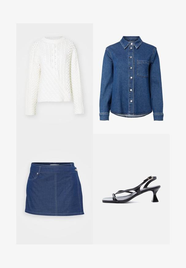 Pull en tricot blanc avec un motif en relief de type cable, encolure ronde et manches longues. Le design comprend une section avant en diagonale.; Chemise en denim bleu à manches longues avec boutons sur le devant, une seule poche poitrine à gauche et un col classique.; Jupe en denim bleu foncé avec des coutures blanches, dotée d'une poche avant et d'un détail de bouton en métal à la taille. Forme A-line classique.; Sandale femme en cuir noir avec fines lanières, bout carré, boucle de cheville réglable et talon mi-hauteur évasé.