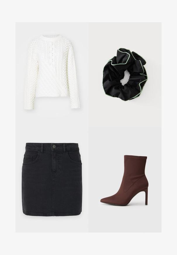 Hvid strikket sweater med et tekstureret kabelmønster, rund halsudskæring og lange ærmer. Designet inkluderer en diagonalt frontsektion.; Sort denim nederdel med tætsiddende design, fem-lomme stil og knaplukning foran. Har diskrete syningsdetaljer og en lige kant.; Brun strækstof ankelstøvle med spids tå og 10 cm stilethæl. Sømdetaljer langs siderne, glat tekstur og ingen synlige lukninger.; Sort stof scrunchie med lysegrønne syninger på en ensfarvet lys baggrund.