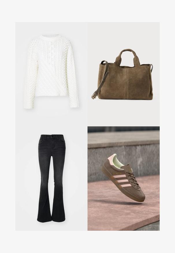 Hvid strikket sweater med et tekstureret kabelmønster, rund halsudskæring og lange ærmer. Designet inkluderer en diagonalt frontsektion.; Sorte bell-bottom jeans lavet af denim, med en høj talje, frontlommer, knaplukning og en ren finish ved kanten.; Brun ruskindsneaker med pinke accenter, tre hvide striber og et gult logo. Har en blød indvendig foring og en struktureret gummisål.; Brun suedetasker med korte håndtag og aftagelig, justerbar rem med guldspænde på en hvid baggrund.
