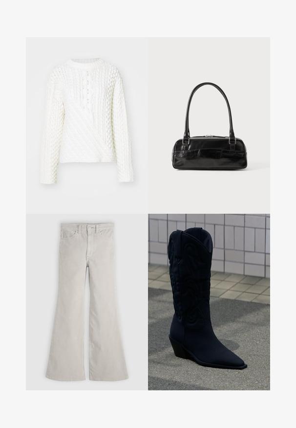 Hvid strikket sweater med et tekstureret kabelmønster, rund halsudskæring og lange ærmer. Designet inkluderer en diagonalt frontsektion.; Lysgrå, flagrende jeans lavet af blødt bomuldsdenim, med knaplukning, fem-lomme-design og subtilt slid for tekstur.; Sort cowboystøvle med dekorative syninger og skråt hæl på gråt fortov nær væg med fliser i baggrunden.; Sort læderhåndtaske med rektangulær form, der har et enkelt struktureret håndtag, sølvhardware og lynlås-lukning. Glat tekstur.