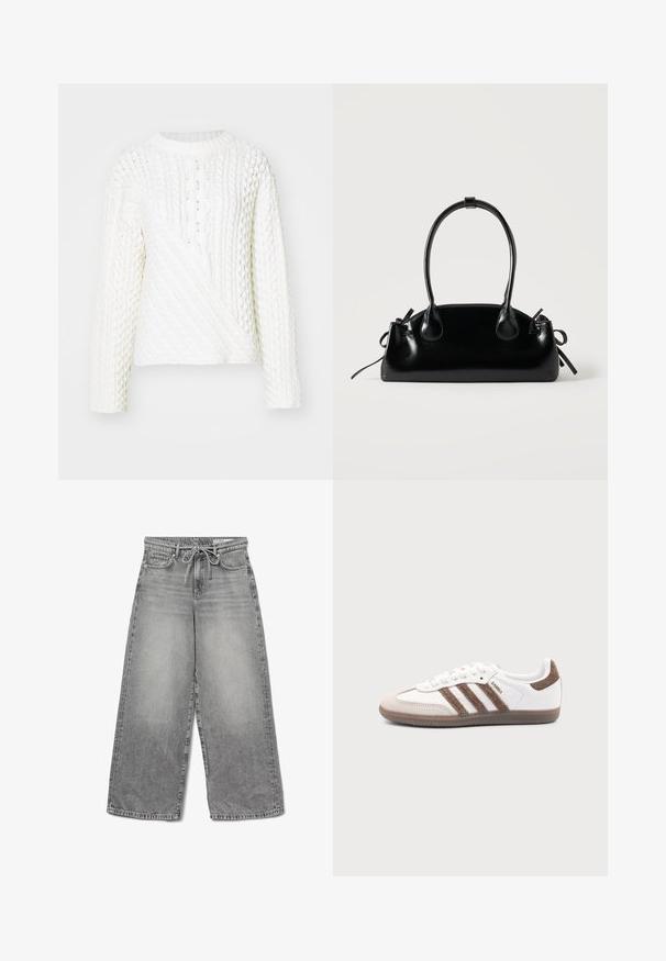Pull en tricot blanc avec un motif en relief de type cable, encolure ronde et manches longues. Le design comprend une section avant en diagonale.; Jean en denim gris à jambes larges avec une finition délavée, taille à cordon de serrage et design classique à cinq poches, présentant des détails de couture visibles.; Baskets Adidas Samba blanches avec des bandes en daim marron, semelle en caoutchouc marron et bout en daim beige, vues du côté extérieur sur un fond uni.; Petit sac à main noir brillant avec deux longues anses et des détails à cordon sur les côtés sur un fond clair uni.