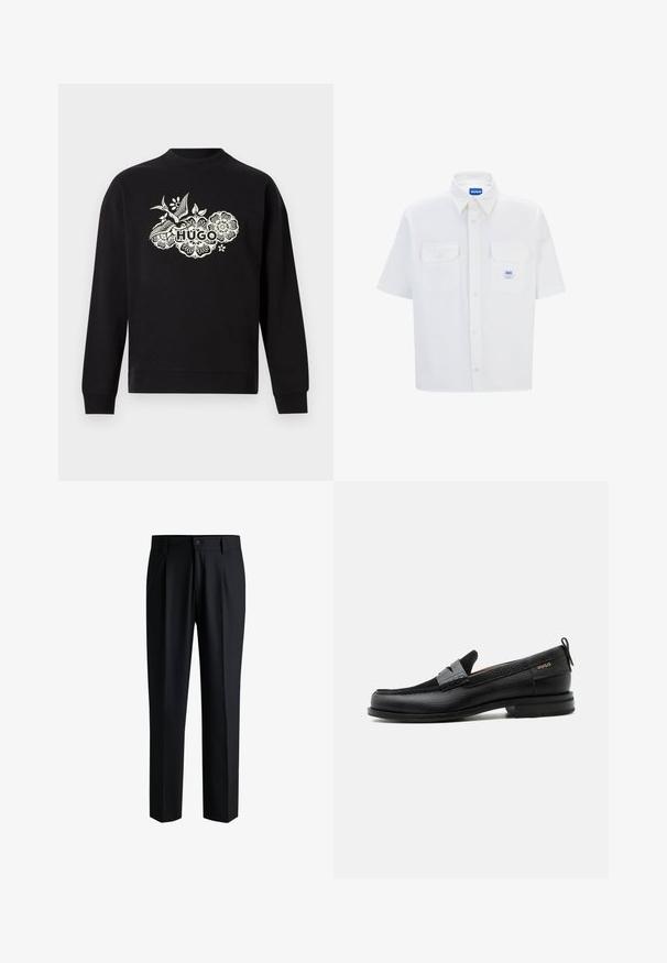 Sweat-shirt noir à manches longues avec motif floral blanc et texte "HUGO" en caractères gras au centre devant.; Chemise blanche à manches courtes avec un col button-down, deux poches avant et une étiquette logo bleue. Fabriquée en tissu doux avec une coupe ajustée.; Pantalons noirs en tissu lisse, avec une coupe droite, des plis à l'avant et une fermeture à bouton avec passants de ceinture.; Mocassin en cuir noir avec détail de bride grise, talon bas et semelle texturée, marqué "HUGO" en or sur le côté.