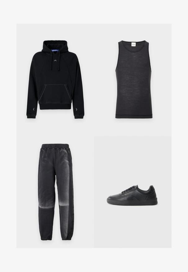 Sort hættetrøje med kængurulomme, prydet med kontrasterende hvid syning, snoretræk i hætten og et lille logo på brystet.; Sort ærmeløs tanktop lavet af let materiale, med en rund halsudskæring og en subtil tekstur, samt en kontrastdetalje i kanten.; Sorte fleecesweatpants med elastisk linning og manchetter, med en falmet gradient-effekt fra midt på låret til anklen på begge ben.; Sorte lædersneakers med en glat finish, rund tå, struktureret sidelæder og sorte snørebånd. Har en flad gummisål og et minimalistisk design.