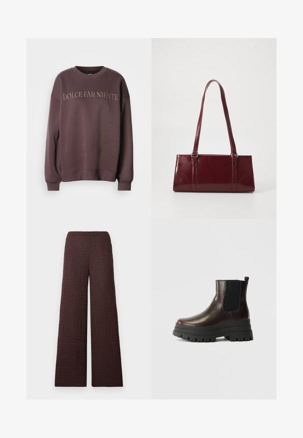 Sweatshirt mauve en mélange de coton, avec col rond et poignets côtelés, brodé de "DOLCE FAR NIENTE" sur la poitrine.; Pantalon marron à jambes larges avec une ceinture élastique, conçu dans un tissu froissé et de longueur complète.; Bottine en cuir marron avec des panneaux élastiques sur les côtés, semelle plateforme noire épaisse et tirette. Présente une finition lisse et un motif de semelle robuste.; Sac à main bordeaux en matériau brillant, de forme rectangulaire, avec deux anses et des accents légèrement courbés à l'avant.
