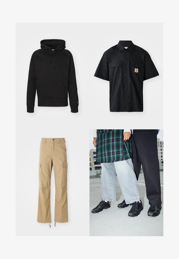 Sort hættejakke i blødt stof, med en frontlomme, justerbar snor og ribbede manchetter. Glat tekstur med minimal detaljer.; Sort kortærmet skjorte lavet af vævet stof, med knaplukning fortil, to brystlommer og et lille orange logo-patch.; Khaki cargo bukser lavet af slidstærkt stof, der har flere sidelommer, en lige ben-design og justerbare snore i kanten.; Sorte atletik sko med mesh- og gummidetaljer. Båret med lysegrå vide jeans og en ternet grøn bluse. Flad overflade i baggrunden.
