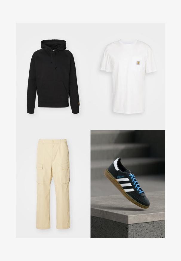 Sort hættejakke i blødt stof, med en frontlomme, justerbar snor og ribbede manchetter. Glat tekstur med minimal detaljer.; Hvid bomulds T-shirt med korte ærmer, en brystlomme, og et lille firkantet logo patch i orange og hvid på lommen.; Beige cargo bukser lavet af stof med elastisk talje og knaplukning. Har to sidelommer og et enkelt design.; Sort Adidas sneaker med hvide striber, blå snørebånd og gummisål, der svæver over gråt betontrin i blødt lys.