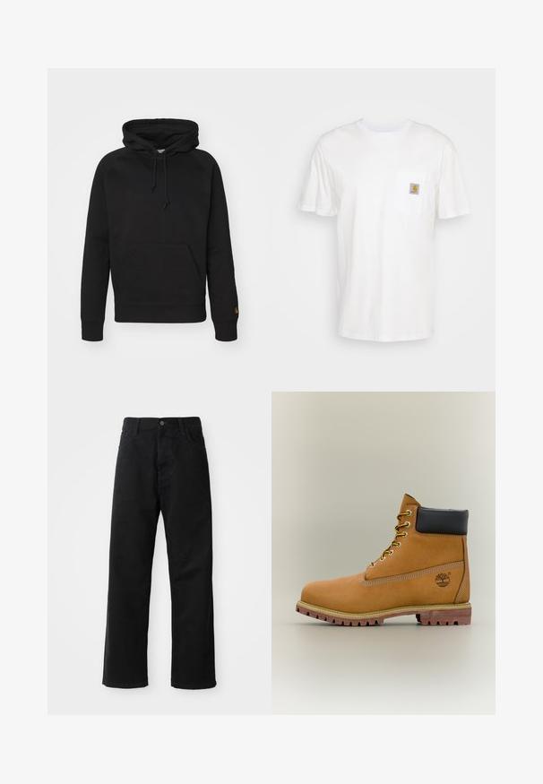 Sort hættejakke i blødt stof, med en frontlomme, justerbar snor og ribbede manchetter. Glat tekstur med minimal detaljer.; Hvid bomulds T-shirt med korte ærmer, en brystlomme, og et lille firkantet logo patch i orange og hvid på lommen.; Sorte denimbukser med lige snit, der har frontlommer, lynlås og en enkelt knap i toppen. Struktureret stof med en mat finish.; Brun læderankelstøvle med sort krave, gule snørebånd og tanfarvet sål. Har logo og hvide syninger som detalje. Robust ydersål med greb.