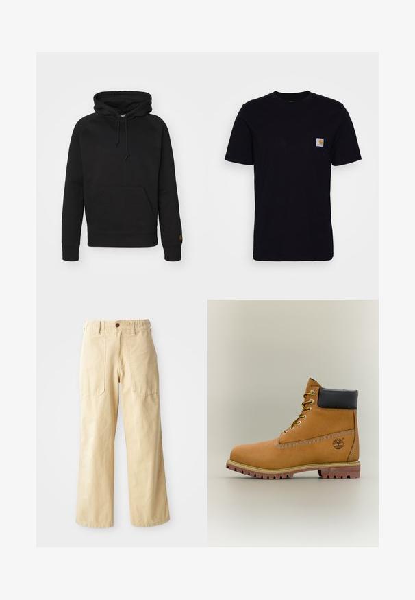 Sort hættejakke i blødt stof, med en frontlomme, justerbar snor og ribbede manchetter. Glat tekstur med minimal detaljer.; Sort bomulds T-shirt med korte ærmer, rund hals og en brystlomme, der har et lille, kvadratisk logo-patch. Enkel, ensfarvet design.; Beige brede benbukser lavet af bomuld. De har en høj talje, to forlommer med flad design og en enkelt knaplukning.; Brun læderankelstøvle med sort krave, gule snørebånd og tanfarvet sål. Har logo og hvide syninger som detalje. Robust ydersål med greb.