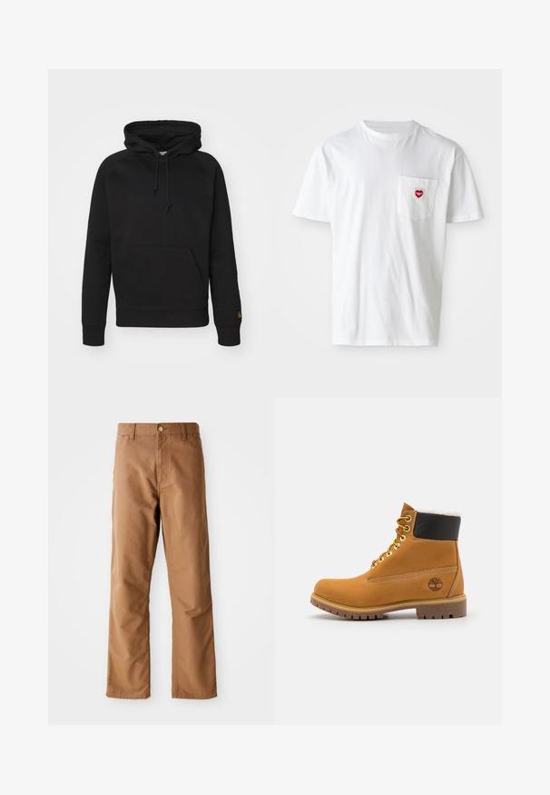 Zwarte hoodie van zacht materiaal, met een voorzak, verstelbare koord en geribde manchetten. Glad oppervlak met minimale detaillering.; Witte katoenen T-shirt met een ronde hals en korte mouwen. Bevat een klein rood hartlogo op de linkerkant van de borstzak.; Bruine rechte broek met riemlussen, voorkant zakken, knoopsluiting en rits op een witte achtergrond.; Bruine leren enkellaars met metalen oogjes, witte faux bont voering, zwarte gewatteerde kraag, robuuste zool en een reliëflogo aan de zijkant.