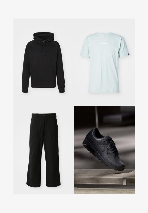Sort hættejakke i blødt stof, med en frontlomme, justerbar snor og ribbede manchetter. Glat tekstur med minimal detaljer.; Lyseblå bomulds t-shirt med korte ærmer og rund halsudskæring. Har et hvidt "ellesse" logo på brystet og et lille accentlabel på ærmet.; Sorte vide benbukser lavet af blødt stof, med frontlommer og en knaplukning i taljen. Minimalistisk design uden synlige mønstre.; Sorte Nike Air Max-sneakers med en struktureret læderoverdel, gummisål og fremtrædende snøresystem, der viser et slankt, moderne design.