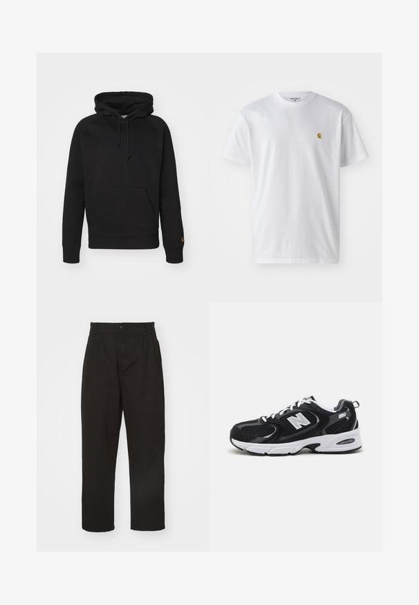 Sort hættejakke i blødt stof, med en frontlomme, justerbar snor og ribbede manchetter. Glat tekstur med minimal detaljer.; Hvid bomulds t-shirt med korte ærmer, rund hals og et lille guld logo på venstre brystområde. Blød tekstur og almindelig pasform.; Sorte bukser lavet af glat stof, med knaplukning, lige pasform og to frontfolder for ekstra detalje.; Sorte og grå sportssko med mesh og ruskind på overdelen, der har en hvid mellemsål, snørebånd og et iøjnefaldende "N" logo på siden.
