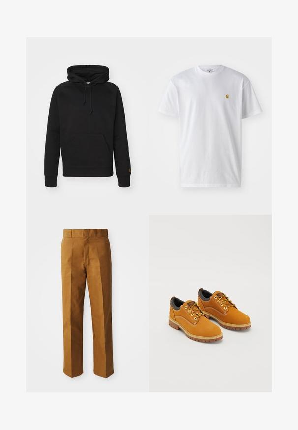 Zwarte hoodie van zacht materiaal, met een voorzak, verstelbare koord en geribde manchetten. Glad oppervlak met minimale detaillering.; Witte katoenen t-shirt met korte mouwen en ronde hals, voorzien van een klein gouden logo op de linkerkant van de borst. Zachte textuur en een normale pasvorm.; Bruine, op maat gemaakte broeken met een gladde textuur, voorzien van een recht model, plooien aan de voorkant en een standaard tailleband.; Bruine suède schoenen met een ronde neus, gele veters, een gewatteerde zwarte kraag en rubberen zolen met gripgroeven.