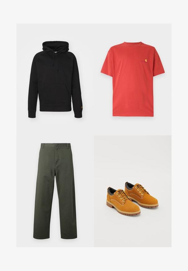 Haut à capuche noir en tissu doux, avec une poche avant, un cordon de serrage ajustable et des poignets côtelés. Texture lisse avec un minimalisme dans les détails.; T-shirt en coton rouge avec col rond, manches courtes, et petit logo jaune sur le côté gauche de la poitrine. Texture lisse, design décontracté.; Pantalons en coton verts avec une coupe droite, fermeture à bouton sur le devant et poches latérales. Texture lisse, style simple et sans motifs visibles.; Chaussures en daim marron avec un bout rond, des lacets jaunes, un col rembourré noir et des semelles en caoutchouc avec des rainures de traction.