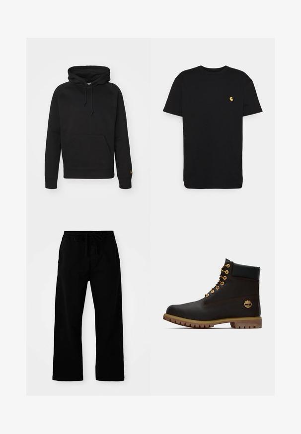 Sort hættejakke i blødt stof, med en frontlomme, justerbar snor og ribbede manchetter. Glat tekstur med minimal detaljer.; Sort bomulds t-shirt med korte ærmer, rund halsudskæring og et lille gult logo på venstre brystområde. Enkel design og almindelig pasform.; Sorte bukser med elastisk talje og justerbar snor, brede ben og en glat bomulds struktur. Ingen synlige mønstre eller hardware detaljer.; Sorte læder ankelstøvle med gyldne øjer, brune detaljer og gummisål. Har en polstret krave og præget logo på siden.