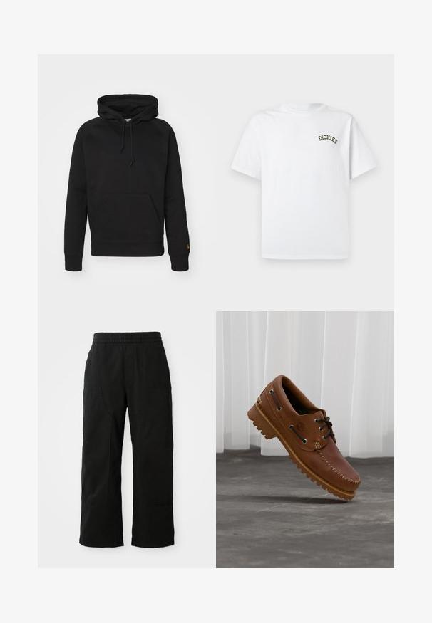 Sort hættejakke i blødt stof, med en frontlomme, justerbar snor og ribbede manchetter. Glat tekstur med minimal detaljer.; Hvid bomuld t-shirt med korte ærmer og rund halsudskæring. Har en grøn broderet "DICKIES"-logo på venstre brystområde.; Sorte bomuldsbukser med elastisk talje, vid bendesign og store sidelommer. Stoffet virker blødt med en glat tekstur.; Brun læder bådsko med sorte snørebånd, beige syninger og en robust sål, hængende over en grå betongulv.