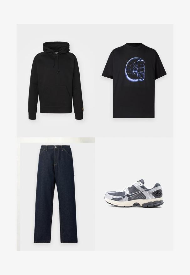 Sort hættejakke i blødt stof, med en frontlomme, justerbar snor og ribbede manchetter. Glat tekstur med minimal detaljer.; Sort T-shirt med stort motiv, der viser et knust glasmønster i blå, korte ærmer, rund halsudskæring, lavet af blød bomuld.; Mørkeblå denimjeans med lige ben, forlommer, bæltestropper og knaplukning i taljen mod en ensfarvet baggrund.; Herres grå og hvide sportssko med mesh-paneler, reflekterende sølvoverlay, hvide snørebånd og sort tekstureret sål, set fra siden.