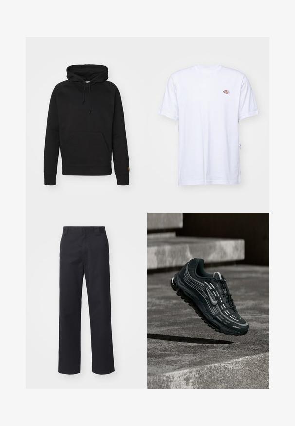 Sort hættejakke i blødt stof, med en frontlomme, justerbar snor og ribbede manchetter. Glat tekstur med minimal detaljer.; Hvid bomulds t-shirt med v-hals og korte ærmer. Har et lille farverigt broderet logo på venstre bryst. Blød tekstur.; Sorte lige benbukser lavet af bomuldsblandet stof. Har en flad frontbetræk med bæltesløjfer og ingen synlig hardware eller udsmykninger.; Sort og grå Nike Air Max sneaker, der flyder over grå betontrin med tekstureret jordbaggrund.