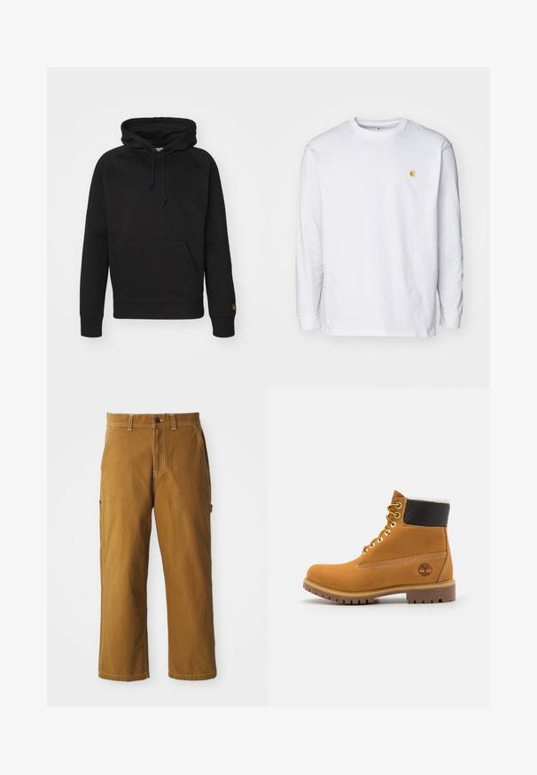 Haut à capuche noir en tissu doux, avec une poche avant, un cordon de serrage ajustable et des poignets côtelés. Texture lisse avec un minimalisme dans les détails.; T-shirt à manches longues blanc en coton. Présente un petit logo doré sur la poitrine et un col rond. Design simple et coupe standard.; Pantalon en coton marron à coupe droite, avec des coutures renforcées et des poches latérales. Il dispose d'une fermeture à bouton et de passants de ceinture à la taille.; Bottine en cuir brun avec œillets en métal, doublure en fourrure blanche, col rembourré noir, semelle robuste et logo en relief sur le côté.