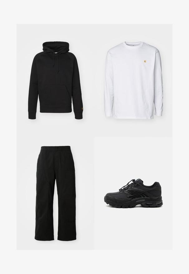 Haut à capuche noir en tissu doux, avec une poche avant, un cordon de serrage ajustable et des poignets côtelés. Texture lisse avec un minimalisme dans les détails.; T-shirt à manches longues blanc en coton. Présente un petit logo doré sur la poitrine et un col rond. Design simple et coupe standard.; Pantalons en coton noir avec une taille élastique, un design à jambes larges et de grandes poches latérales. Le tissu semble doux avec une texture lisse.; Baskets de sport noires avec tissu texturé, semelle épaisse et rembourrée, aérations et fermeture à lacets, vues de profil sur fond clair.
