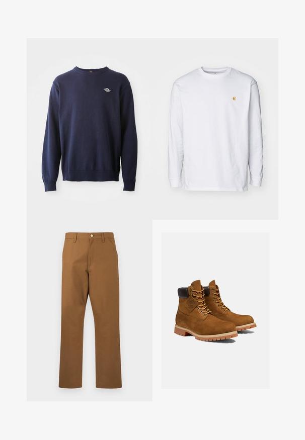 Mørkeblå strikket crewneck sweater med ribbede manchetter og kant. Har et lille logo på brystet og en blød tekstur.; Hvid langærmet t-shirt lavet af bomuld. Har et lille gyldent logo på brystet og en rund halsudskæring. Enkel design og standard pasform.; Herrebukser med lige ben i brunt med bæltestropper, sidelommer og frontknaplukning på hvid baggrund.; Brune ruskinds ankelstøvler med en polstret sort krave, gyldne snørehuller og en tyk gummisål med en mønster, der giver godt greb.