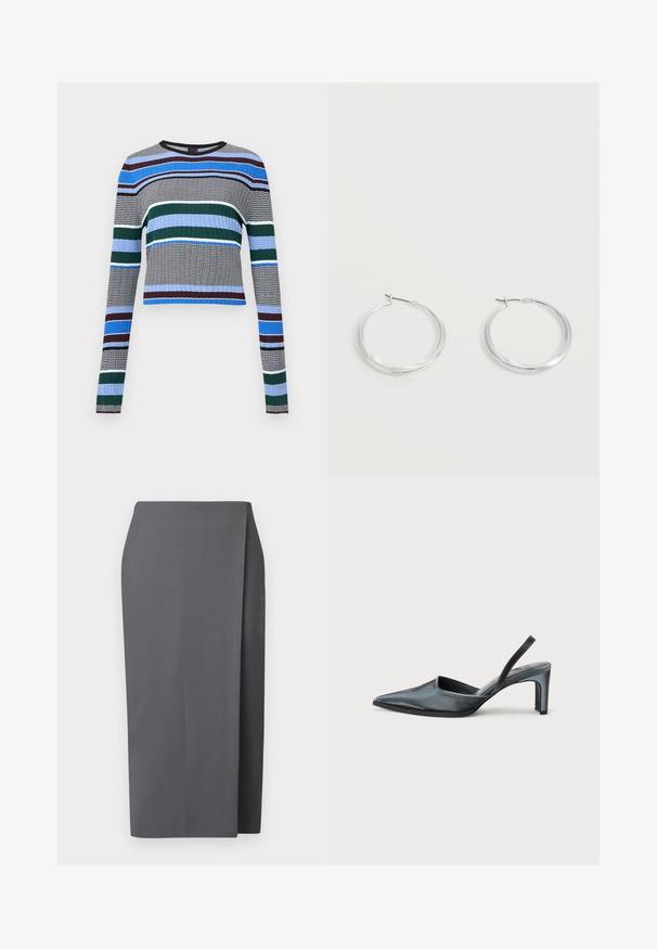 Pull en maille côtelée à manches longues avec des rayures horizontales bleu, vert, noir, blanc et marron sur fond gris.; Jupe grise arrivant aux genoux avec un design épuré. Confectionnée dans un tissu lisse, elle comporte une fente latérale et des lignes nettes pour une apparence minimaliste.; Escarpin noir à bride arrière avec un bout pointu, une finition satinée élégante et un talon fin de 7,5 cm. Design latéral ouvert avec des détails de couture minimalistes.; Boucles d’oreilles créoles en métal argenté avec une surface lisse légèrement incurvée et des fermoirs à clapet sur un fond blanc uni.