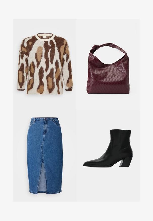 Pull en tricot avec une base crème et un imprimé animal brun et beige. Encolure ronde, manches longues, texture douce et coupe décontractée.; Jupe en denim bleu moyen avec une fente sur le devant, taille haute, cinq poches et passants de ceinture. Le tissu a une finition texturée.; Bottine en cuir noir avec un bout pointu, une silhouette élégante et un talon carré massif. Texture lisse avec des détails de couture minimalistes.; Sac bordeaux avec un motif tissé texturé, en cuir souple, doté d'une anse unique nouée. Conception spacieuse de style hobo.
