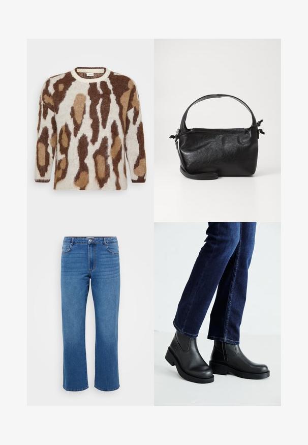 Pull en tricot avec une base crème et un imprimé animal brun et beige. Encolure ronde, manches longues, texture douce et coupe décontractée.; Jean en denim bleu avec une coupe droite, présentant une fermeture à bouton, un design classique à cinq poches et une texture légèrement décolorée au niveau des cuisses.; Bottines en cuir noir avec une semelle épaisse et des panneaux élastiques sur les côtés, associées à un jean bleu foncé. Le sol est de couleur claire.; Sac à main en cuir noir au design structuré, avec une poignée arrondie et une bandoulière amovible. Présente une texture lisse et un éclat subtil.