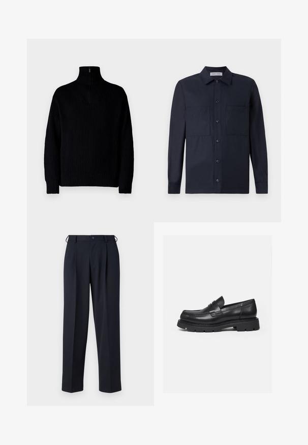 Must mustriba kaelusega must särk, millel on pooltõmblemine kaeluses, pikkade varrukatega ja lõdva istuvusega. Tekstuur on pehme ja jäme.; Samsøe Samsøe TAKA JO OVERSHIRT - Pluus - dark blue; Tumesinised kohandatud püksid ees nööpide ja tõmblukuga, vööaasade ja küljetaskutega, valgel taustal.; Must nahast loafer paksu soonilise tallaga ja mündirihma detailiga, näidatud parempoolse profiilina valgel taustal.