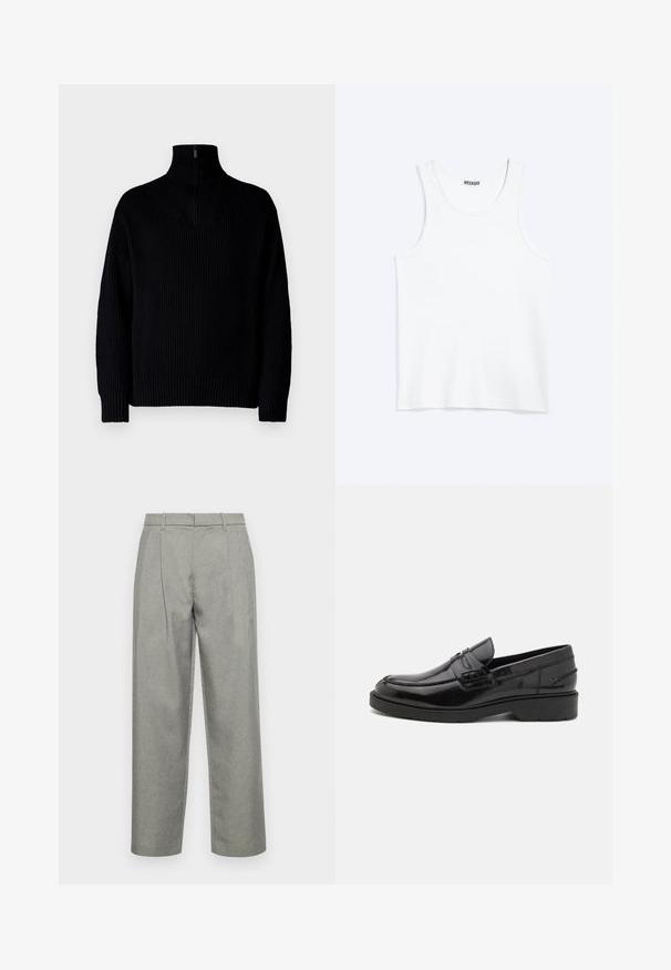 Sort ribbet turtleneck sweater med en halvmåne lynlås ved kraven, der har lange ærmer og en afslappet pasform. Teksturen er blød og chunky.; Hvid ærmeløs tanktop med rund halsudskæring og Weekday-mærke på den indvendige baghals, vist fladt på lys baggrund.; Grå skræddersyede bukser lavet af struktureret stof, med lige ben-design, frontfolder og en standard talje med bæltesløjfer.; Sorte læder loafers med en glat finish, rund tå, lav hæl og dekorativ syning langs forsiden. Gummisål for godt greb.